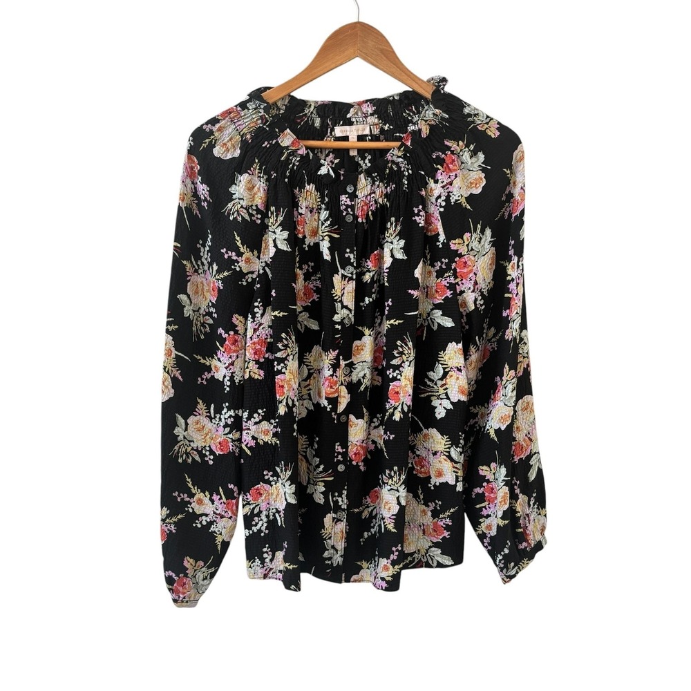 Rebecca Taylor Silk Floral‎ Blouse Top Womens XL Black Long Sleeve Boho Feminine